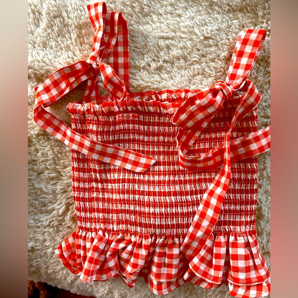 “Give Her Six” Orange and White Gingham Tie Strap Tank Top Size XS